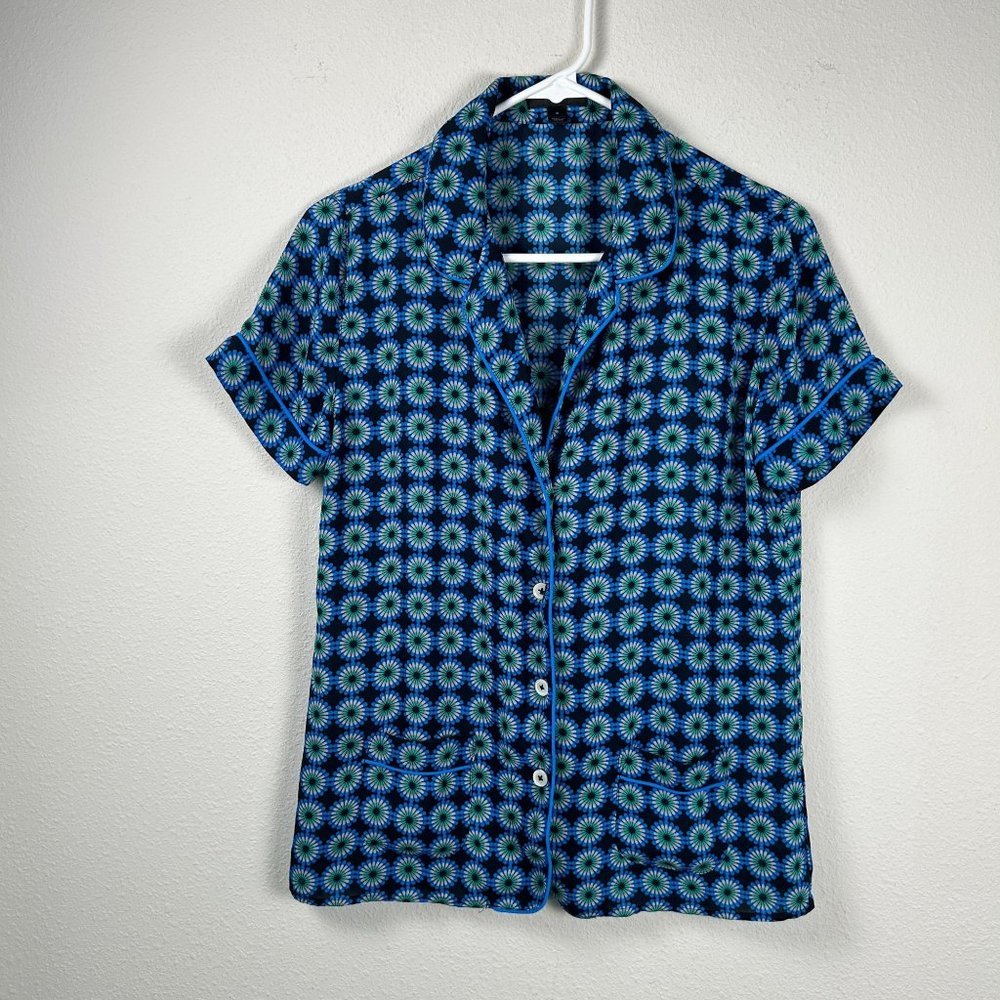 J Crew Top Womans Size 2 Blue Short Sleeve Button Up Floral Retro B1257
